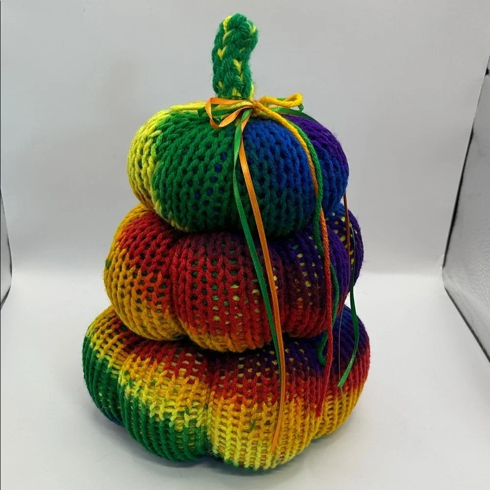 Colorful Rainbow Knit Pumpkin Stack